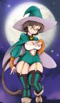  2016 animal_humanoid bell belt big_breasts breasts brown_hair cape cat_ears_(disambiguation) cat_humanoid cleavage clothed clothing collar detailed_background domestic_cat eyebrows eyelashes eyewear felid felid_humanoid feline feline_humanoid felis female fully_clothed garter_belt garter_straps glasses hair halloween hat headgear headwear hi_res holidays humanoid krakenparty magic_user mammal mammal_humanoid minina_(krakenparty) moon night signature smile solo star thick_thighs traditional_media_(artwork) watermark witch yellow_eyes 