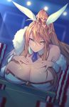  1girl animal_ears artoria_pendragon_(all) artoria_pendragon_(swimsuit_ruler)_(fate) bangs bare_shoulders blonde_hair blue_neckwear braid breast_rest breasts bunny_ears bunnysuit casino casino_card_table cero320 cleavage closed_mouth commentary crown detached_collar fate/grand_order fate_(series) feather_boa french_braid green_eyes hair_between_eyes hands_on_own_chest high_ponytail highres huge_breasts indoors leotard looking poker_chip poker_table ponytail smile swept_bangs white_leotard wrist_cuffs 
