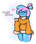  2020 anthro anthrofied beverage blue_body blue_skin clothed clothing digital_media_(artwork) ditto_(pok&eacute;mon) english_text female glamor glimglam goo_creature hair hi_res hot_chocolate humanoid nintendo not_furry pok&eacute;mon pok&eacute;mon_(species) pok&eacute;morph ponytail simple_background smile solo standing sweater text topwear turtleneck video_games 