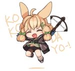  1girl animal_ears arknights bandages black_jacket blue_gloves blush bow_(weapon) bunny_ears crossbow gloves green_shirt holding holding_bow_(weapon) holding_weapon hood hooded_jacket id_card jacket kroos_(arknights) open_clothes open_jacket open_mouth ran_system shirt shorts solo weapon 