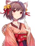  1girl :&lt; absurdres animal_ears bell bell_hair_ornament brown_hair cat_ears cat_girl hair_ornament highres huijin_zhi_ling ichihime japanese_clothes jingle_bell kimono mahjong mahjong_soul mahjong_tile red_eyes short_hair solo upper_body 