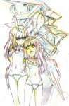  2girls ;d bare_shoulders baselard baselard_(frame_arms) breasts color_trace colored_pencil_(medium) commentary_request covered_navel dual_persona elbow_gloves frame_arms frame_arms_girl gloves headgear height_difference highres kumichou_(ef65-1118-ef81-95) long_hair looking_at_another mecha multiple_girls one_eye_closed open_mouth pantyhose small_breasts smile traditional_media white_background 
