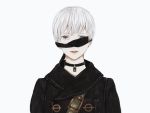  1boy black_blindfold black_choker blindfold buckle choker crying green_eyes highres male_focus nier_(series) parted_lips red_lips shirone_(coxo_ii) simple_background solo white_background white_hair yorha_no._9_type_s 