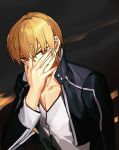  1boy black_jacket blonde_hair covering_face fate/stay_night fate_(series) gilgamesh hand_on_own_face highres jacket kiki7 male_focus red_eyes shirt solo upper_body white_shirt 