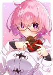  1girl absurdres bangs blush breasts commentary_request eyebrows_visible_through_hair fate/grand_order fate_(series) glasses hair_over_one_eye highres holding jacket large_breasts lavender_hair long_sleeves looking_at_viewer mash_kyrielight purple_eyes purple_hair red_ribbon ribbon short_hair smile solo wasa_(pixiv29582664) white_jacket 