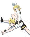  1boy 1girl :3 alternate_sleeve_length bangs black_collar black_footwear black_shorts blonde_hair blue_eyes bow collar full_body hair_bow hair_ornament hairclip headphones headset kagamine_len kagamine_rin looking_at_another lying nail_polish naoko_(naonocoto) on_stomach sailor_collar school_uniform shirt shoes short_hair short_ponytail short_shorts short_sleeves shorts sitting sitting_on_person sneakers spiked_hair spread_legs sweat swept_bangs vocaloid white_background white_bow white_shirt wristband yellow_nails 