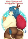 2018 absurd_res anthro belly blush bottomwear butt christmas clothing english_text felid hi_res holiday_message holidays kemono kemonofluffy lion male mammal new_year overweight overweight_male pantherine shorts solo text 