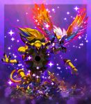  alternate_color bird blue_eyes border commentary creature deviantart_username english_commentary flying full_body gen_2_pokemon gen_6_pokemon grass highres ho-oh hoopa horns ja-punkster no_humans one_eye_closed pokemon pokemon_(creature) purple_background shiny_pokemon signature smoochum sparkle tumblr_username walking watermark web_address 