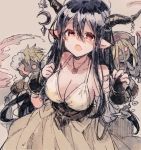  1girl bangs black_gloves black_hair breasts cleavage danua dress fingerless_gloves gloves granblue_fantasy hair_between_eyes hands_up horn_ornament horns ikeuchi_tanuma jacket jewelry large_breasts long_hair looking_at_viewer necklace open_clothes open_jacket open_mouth pointy_ears red_eyes sketch solo white_dress 