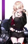  1girl artoria_pendragon_(all) bangs belt black_camisole black_jacket black_ribbon black_shorts blonde_hair blush breasts collarbone fate/grand_order fate/stay_night fate_(series) ground_vehicle hair_between_eyes hair_ribbon highres jacket jet_black_king_of_knights_ver._shinjuku_1999 jewelry long_hair long_sleeves looking_at_viewer low_ponytail medium_breasts motor_vehicle motorcycle necklace ninoude_(ninoude44) off_shoulder open_clothes open_jacket open_mouth pale_skin ribbon saber_alter short_shorts shorts sidelocks solo thighs white_background white_belt yellow_eyes 