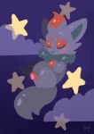  closed_eyes cloud creature floating flufflixx full_body gen_5_pokemon highres night night_sky no_humans pokemon pokemon_(creature) purple_background signature simple_background sky sleeping solo star zorua 