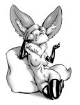  absurd_res anthro armwear bat-eared_fox big_ears breasts canid canine clothing elbow_gloves female gloves handwear hi_res legwear mammal monochrome mostly_nude nibhaaz pillow pubes simple_background solo thigh_highs white_background wide_hips 