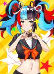  1girl absurdres black_hair blue_hair bow candy chocolate chocolate_heart crop_top fate/grand_order fate_(series) food grin hair_ornament hair_ribbon hairclip heart heart-shaped_pupils heart_hands highres looking_at_viewer multicolored multicolored_eyes multicolored_hair navel red_hair ribbon saku_(kudrove) sei_shounagon_(fate) skirt smile solo star symbol-shaped_pupils twintails upper_body yellow_eyes 