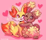  ;d brown_eyes buneary creature fang fennekin flufflixx full_body gen_4_pokemon gen_6_pokemon happy heart heart_background hug no_humans one_eye_closed open_mouth pink_background pokemon pokemon_(creature) shadow signature simple_background smile sparkle star 