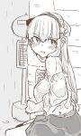  1girl absurdres alternate_costume bangs belt blouse blush breasts bus_stop commentary_request double_bun eyebrows_visible_through_hair fletcher_(kantai_collection) greyscale hair_between_eyes hair_ornament hair_over_shoulder hairband highres kantai_collection long_hair long_sleeves looking_at_viewer monochrome off_shoulder outdoors poyo_(hellmayuge) rain signpost sitting skirt smile solo star star_hair_ornament wet wet_clothes 