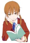  1girl blue_neckwear blush book brown_eyes brown_hair holding holding_book ixy long_sleeves looking_at_viewer mizutani_shizuku necktie school_uniform shirt short_hair simple_background solo tonari_no_kaibutsu-kun twintails white_background white_shirt 