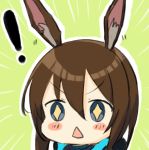  ! +_+ 1girl amiya_(arknights) animal_ear_fluff animal_ears arknights bangs blue_eyes blush blush_stickers brown_hair bunny_ears engiyoshi eyebrows_visible_through_hair green_background hair_between_eyes open_mouth simple_background solo triangle_mouth upper_body yellow_pupils 