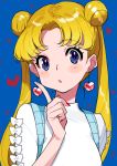  1girl absurdres bangs bishoujo_senshi_sailor_moon blonde_hair blue_background blue_eyes blush bow breasts commentary_request double_bun earrings eyebrows_visible_through_hair hand_up heart heart_background heart_earrings highres index_finger_raised jewelry looking_at_viewer medium_breasts nail_polish parted_bangs parted_lips red_nails shirt simple_background solo tsukino_usagi twintails white_bow white_shirt yuu_(higashi_no_penguin) 