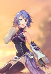  1girl absurdres aqua_(kingdom_hearts) black_gloves blue_eyes blue_hair blue_legwear blue_shirt blurry blurry_background breasts collarbone commentary_request depth_of_field detached_sleeves eyelashes feet_out_of_frame fingerless_gloves gloves gogo_(detteiu_de) hair_blowing hand_up highres kingdom_hearts kingdom_hearts_birth_by_sleep kneeling medium_breasts shiny shiny_hair shirt short_hair sleeveless solo thighhighs wide_sleeves 