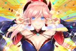  1girl asymmetrical_hair bangs bare_shoulders blue_eyes blue_kimono blush breasts cleavage closed_mouth collarbone confetti double_v earrings egasumi fate/grand_order fate_(series) hair_ornament hands_up japanese_clothes jewelry kimono large_breasts long_hair long_sleeves looking_at_viewer magatama miyamoto_musashi_(fate/grand_order) obi pink_hair ponytail rei_kun sash sei_shounagon_(fate) smile solo sparkle swept_bangs v wide_sleeves 