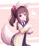  1girl absurdres animal_ear_fluff animal_ears arms_up black_skirt brown_cardigan brown_hair cardigan character_request copyright_request fang highres long_hair open_mouth pink_background ponytail red_eyes ribbon sailor_collar school_uniform shirt simple_background skirt sleeves_past_wrists solo tail tokenbox upper_body white_shirt wolf_ears wolf_tail 