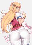  1girl ass aster_crowley belt blonde_hair dress earrings english_text from_behind green_eyes highres jewelry long_hair looking_at_viewer looking_back pink_background pointy_ears princess_zelda simple_background solo super_smash_bros. the_legend_of_zelda thighs tight_dress white_dress wide_hips 