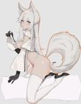  1girl animal_ear_fluff animal_ears arknights artist_name black_gloves boots bottomless breasts eyebrows_visible_through_hair from_side full_body gloves grey_background highres large_breasts long_hair open_mouth platinum_(arknights) pre_(17194196) sideboob sidelocks simple_background skindentation solo tail thigh_boots thighhighs white_footwear white_hair yellow_eyes 