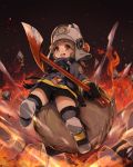  1girl :d absurdres arknights axe black_gloves black_jacket black_shorts boots brown_eyes brown_hair embers fire firefighter gloves helmet highres holding holding_axe jacket jiusan_naitan knee_pads left-handed long_sleeves open_mouth rock shaw_(arknights) short_hair short_shorts shorts smile solo thighhighs 