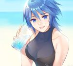  1girl absurdres aqua_(kingdom_hearts) bangs blue_eyes blue_hair blurry blurry_background breasts collarbone commentary_request cup dated drink drinking_glass eyebrows_visible_through_hair eyelashes glass gogo_(detteiu_de) hair_between_eyes hand_up highres holding kingdom_hearts kingdom_hearts_birth_by_sleep medium_breasts medium_hair open_mouth shiny shiny_hair solo sweat sweatdrop upper_body 