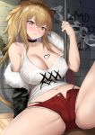  1girl animal_ears arknights bangs blush breasts dearonnus highres holding holding_hammer large_breasts lion_ears lion_girl lion_tail long_hair long_sleeves looking_at_viewer navel siege_(arknights) solo studded_choker tail war_hammer weapon 