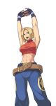  1girl abs absurdres baggy_pants baka_guruo belt blonde_hair blue_eyes blue_mary breasts commentary_request crop_top denim fatal_fury fingerless_gloves gloves highres looking_at_viewer loose_belt midriff muscle navel pants short_hair simple_background smile solo the_king_of_fighters white_background 
