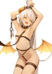  1girl :d absurdres armpits arms_up blush bound breasts chain collar demon_girl demon_horns demon_wings drooling highres hon_(neo2462) horns injury leash long_hair looking_at_viewer multiple_straps o-ring open_mouth original pointy_ears simple_background small_breasts smile solo thigh_strap tongue tongue_out very_long_hair white_background white_hair wings yellow_eyes 