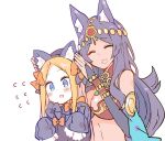  2girls abigail_williams_(fate/grand_order) animal_ears blonde_hair blue_eyes blush bow breasts bridal_gauntlets cat_ears cleavage closed_eyes dark_skin ears_through_headwear egyptian_clothes eyebrows_visible_through_hair fake_animal_ears fate/grand_order fate_(series) forehead_jewel gem hair_bow head_chain jackal_ears large_breasts long_hair long_sleeves multiple_bows multiple_girls nanateru open_mouth orange_bow purple_hair queen_of_sheba_(fate/grand_order) simple_background sleeves_past_fingers sleeves_past_wrists smile white_background white_skin 