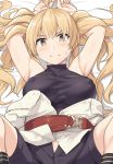  1girl armpits bangs beige_jacket belt black_shirt black_shorts blonde_hair breasts brown_belt covered_nipples eyebrows_visible_through_hair feet_out_of_frame frown granblue_fantasy large_breasts long_hair looking_at_viewer lying monika_weisswind on_back open_fly shirt shiseki_hirame shorts sleeveless sleeveless_shirt solo twintails 