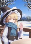  1girl :d bangs bare_tree black_headwear black_vest blonde_hair blue_scarf blue_sky bow braid breath chair cloud commentary_request day enpera eyebrows_visible_through_hair hair_between_eyes hair_bow hat hat_bow highres kirisame_marisa long_hair long_sleeves looking_at_viewer open_mouth outdoors railing scarf shirt single_braid sky smile snow solo table torinari_(dtvisu) touhou tree upper_body vest white_bow white_shirt witch_hat yellow_eyes 