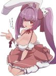  1girl animal_ears bangs breasts bunny_ears bunny_tail choker cleavage di_gi_charat dice dice_hair_ornament dress eyebrows_visible_through_hair full_body hair_ornament highres large_breasts long_hair open_mouth pink_hair red_eyes ribbon ribbon_choker simple_background sitting socks solo sumiyao_(amam) tail translation_request twintails usada_hikaru white_background white_legwear 