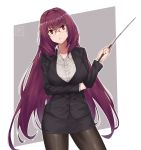  1girl arm_under_breasts bespectacled breasts buttons collarbone eyebrows_visible_through_hair fate/grand_order fate_(series) formal fumafu glasses highres large_breasts long_hair long_sleeves open_mouth pantyhose pointer purple_hair red_eyes scathach_(fate)_(all) scathach_(fate/grand_order) skirt solo suit teacher 