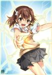  1girl artist_logo biribiri brown_eyes brown_hair cowboy_shot dated electricity grey_skirt highres misaka_mikoto open_mouth pleated_skirt san-pon school_uniform short_hair shorts shorts_under_skirt skirt smile solo sweater_vest to_aru_kagaku_no_railgun to_aru_majutsu_no_index tokiwadai_school_uniform upper_teeth 