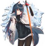  1girl animal_ear_fluff animal_ears arknights arm_up bangs black_hair black_legwear black_shirt commentary cowboy_shot eyebrows_visible_through_hair gloves hair_between_eyes head_tilt highres holding holding_sword holding_weapon jacket jewelry lancer_(worudrleh1) long_hair looking_at_viewer open_clothes open_jacket pantyhose parted_lips pendant red_eyes red_gloves reverse_grip revision shirt short_shorts shorts sidelocks simple_background solo standing sword tail texas_(arknights) thighs very_long_hair weapon white_background white_jacket white_shorts wolf_ears wolf_tail 