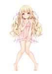  1girl absurdres arlext ass_visible_through_thighs babydoll barefoot blonde_hair blush breasts dakimakura feet full_body groin hand_on_own_chest hand_on_own_thigh highres knees_together_feet_apart legs long_hair lying navel nipples no_bra no_panties on_back open_mouth original pink_babydoll pussy ribbon see-through simple_background small_breasts solo thigh_gap thighs toes white_background yellow_eyes 