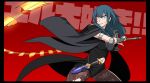  1girl arm_guards attack bleeding blood blue_hair byleth_(fire_emblem) byleth_(fire_emblem)_(female) dagger fire_emblem fire_emblem:_three_houses mikoyan navel_cutout red_background serious short_shorts shorts simple_background solo sword_of_the_creator translation_request weapon 