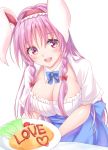  1girl :d animal_ears bangs blue_bow blue_neckwear blue_skirt blush bow bowtie braid breasts bunny_ears cleavage commentary_request eyebrows_visible_through_hair food frilled_hairband frills hair_between_eyes hair_bow hairband heart holding holding_plate kue large_breasts lettuce long_hair looking_at_viewer omurice open_mouth plate purple_hair red_bow red_eyes red_hairband reisen_udongein_inaba shirt short_sleeves simple_background skirt smile solo tomato touhou twin_braids upper_body white_background white_shirt 