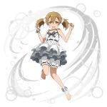  1girl :d ankle_scrunchie bangs barefoot blush bow bowtie brown_hair collarbone dress full_body grey_bow grey_neckwear hair_between_eyes hair_ornament hair_scrunchie halterneck highres layered_dress leg_up looking_at_viewer official_art open_mouth red_eyes ribbon-trimmed_shorts ribbon_trim scrunchie shiny shiny_hair short_hair shorts shorts_under_dress silica sleeveless sleeveless_dress smile solo sparkle sword_art_online white_dress white_scrunchie white_shorts wrist_scrunchie 