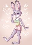  &lt;3 2018 absurd_res anthro band-aid bandage barefoot blush breasts clothed clothing dariamorgan dipstick_ears disney female fully_clothed fur grey_body grey_fur hi_res judy_hopps lagomorph leporid mammal multicolored_ears one_eye_closed purple_eyes rabbit shirt simple_background solo tank_top topwear zootopia 