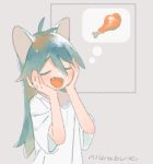  1girl animal_ears antenna_hair aqua_hair bangs blush cat_ears chicken_(food) chicken_leg closed_eyes fang food frame furrowed_eyebrows grey_background hair_between_eyes hands_on_own_cheeks hands_on_own_face happy imagining long_hair niwabuki open_mouth original satonaka_ruka shirt short_sleeves signature simple_background smile solo thought_bubble upper_body white_shirt 