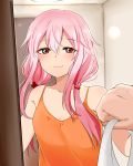  1girl absurdres bare_shoulders breasts casual guilty_crown hair_ornament hands highres long_hair looking_at_viewer pencilanon pink_hair pov red_eyes smile third-party_source twintails yuzuriha_inori 