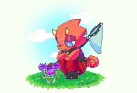  2020 animal_crossing anthro arthropod beetle blue_eyes boots bottomwear butterfly chameleon clothed clothing crouching cucujoid digital_drawing_(artwork) digital_media_(artwork) flick_(animal_crossing) flower footwear fridgeots full-length_portrait half-closed_eyes horn insect ladybug lepidopteran lizard male narrowed_eyes net nintendo outside pants piercing plant portrait red_body red_skin reptile scalie shirt signature simple_background smile solo topwear video_games 
