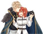  1boy 1girl ahoge bangs black_gloves blonde_hair breasts cape chaldea_uniform closed_eyes commentary_request eyebrows_visible_through_hair fate/grand_order fate_(series) fujimaru_ritsuka_(female) gawain_(fate/grand_order) gloves hair_between_eyes hair_ornament hair_scrunchie large_breasts nishinishihigas one_side_up open_mouth orange_eyes orange_hair scrunchie short_hair side_ponytail simple_background smile white_background 