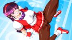  1girl arikawa asamiya_athena breasts cameltoe closed_mouth commentary_request fingerless_gloves gloves hairband long_hair looking_at_viewer pantyhose psycho_soldier purple_eyes purple_hair red_hairband skirt smile solo the_king_of_fighters 