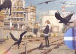  1girl bird brown_hair cloud crow day english_commentary fence flock gravel hands_in_pockets highres hood hoodie industrial issindotai jacket looking_away looking_up original pantyhose railroad_tracks shoes short_hair sign skirt sky sneakers solo standing 